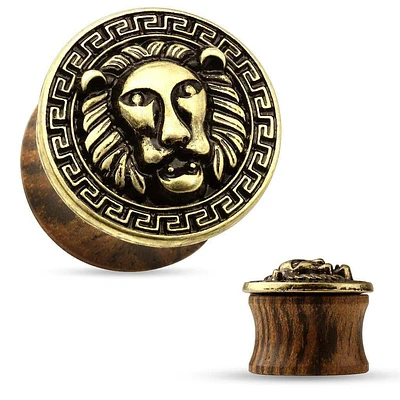Organic Wood With Antique Bronze Lion Head Double Flared Saddle Ear Gauges Plugs