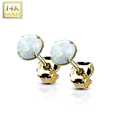 Pair Of 14KT Solid Gold Circle Round Clawed Opal Stud Earrings