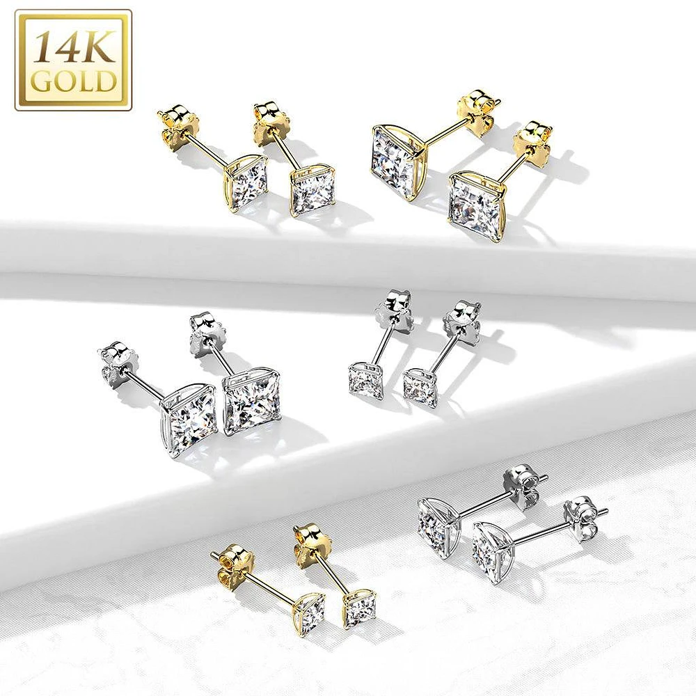 Pair Of 14KT Solid White Gold Square Clawed White CZ Stud Earrings