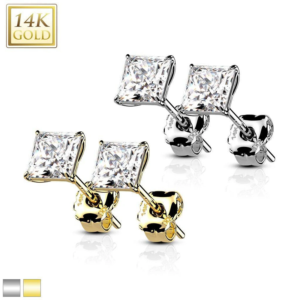 Pair Of 14KT Solid White Gold Square Clawed White CZ Stud Earrings