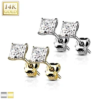 Pair Of 14KT Solid White Gold Square Clawed White CZ Stud Earrings