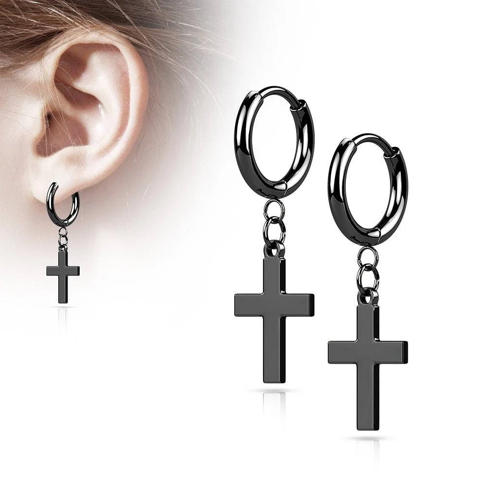 Pair Of 316L Surgical Steel Black PVD Thin Hoop Earrings With Dangling Cross