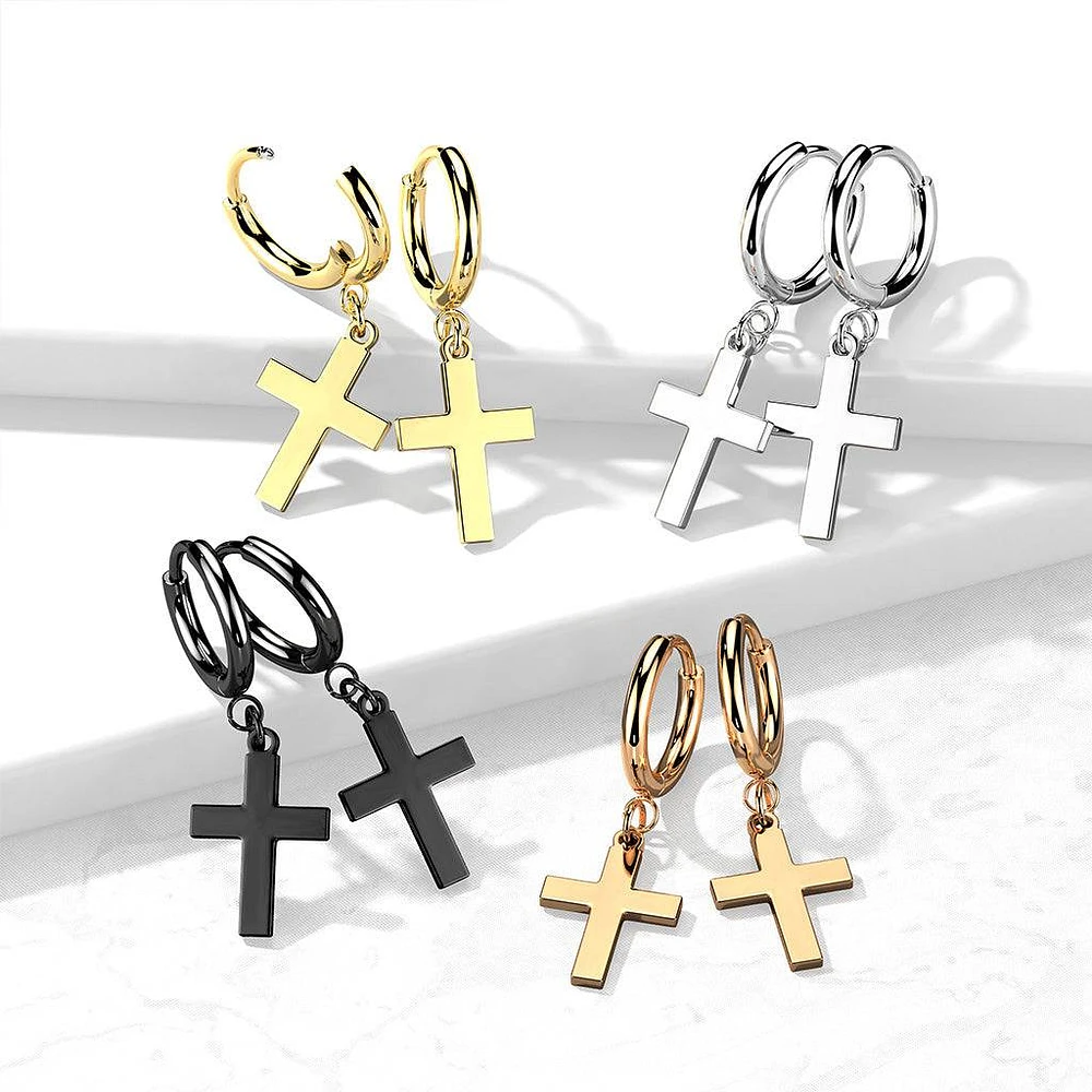 Pair Of 316L Surgical Steel Black PVD Thin Hoop Earrings With Dangling Cross