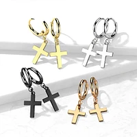 Pair Of 316L Surgical Steel Black PVD Thin Hoop Earrings With Dangling Cross