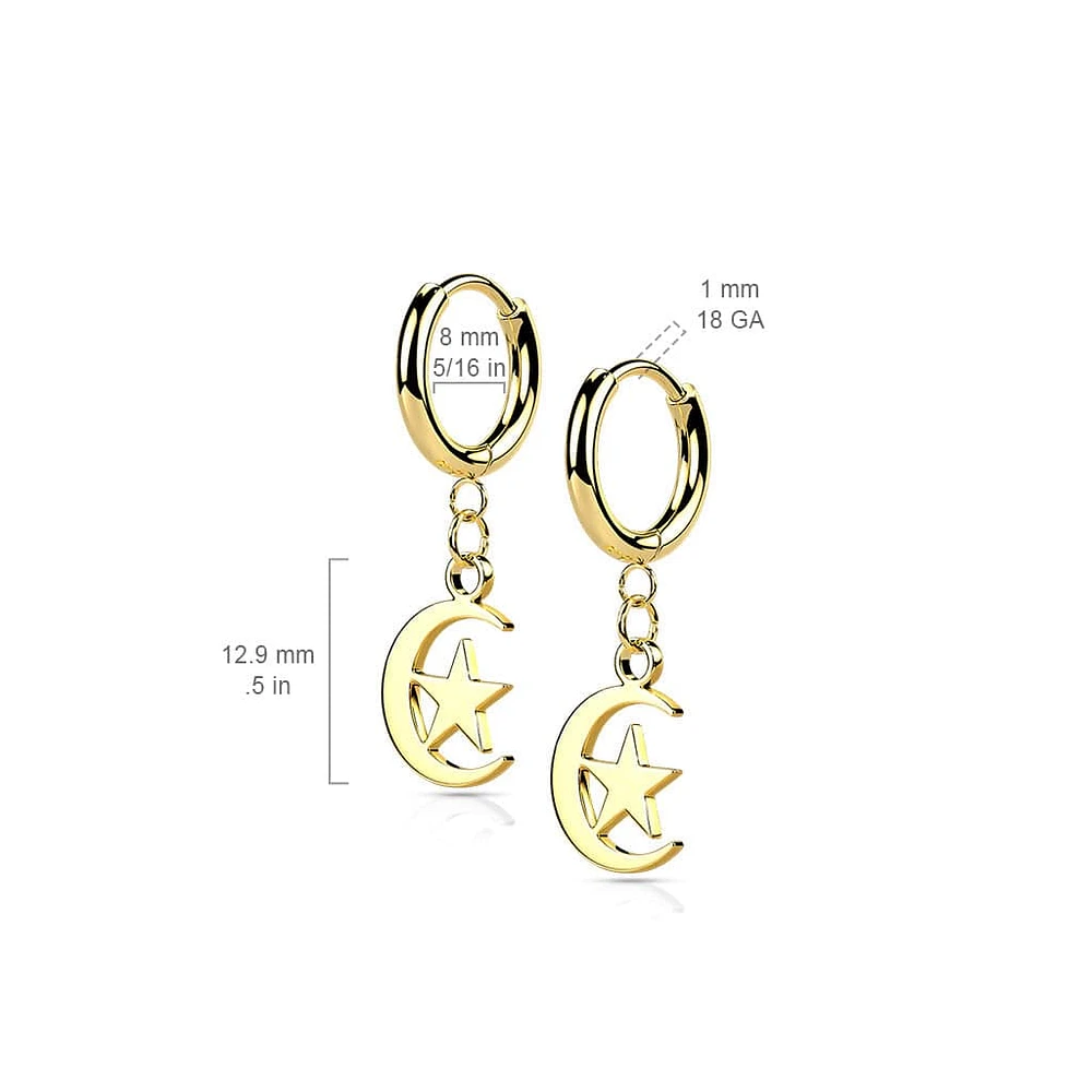 Pair Of 316L Surgical Steel Black PVD Thin Hoop Earrings With Dangling Moon & Star