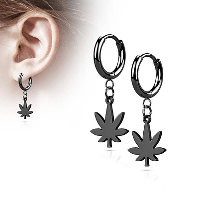 Pair Of 316L Surgical Steel Black PVD Thin Hoop Earrings With Dangling Weed Leaf