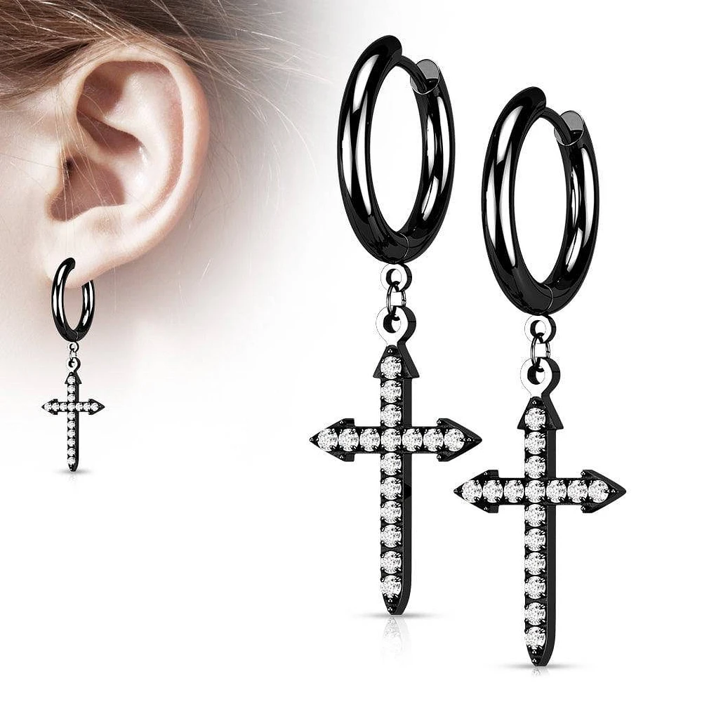 Pair Of 316L Surgical Steel Black PVD White CZ Celtic Cross Dangle Hoop Earrings