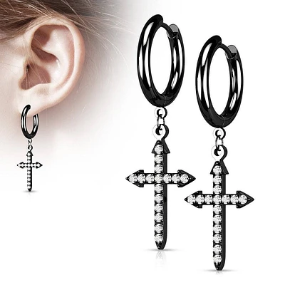 Pair Of 316L Surgical Steel Black PVD White CZ Celtic Cross Dangle Hoop Earrings