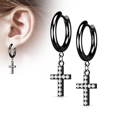 Pair Of 316L Surgical Steel Black PVD White CZ Cross Dangle Hoop Earrings