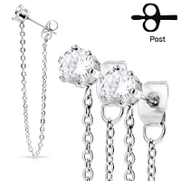 Pair of 316L Surgical Steel CZ Connected Chain Stud Earrings