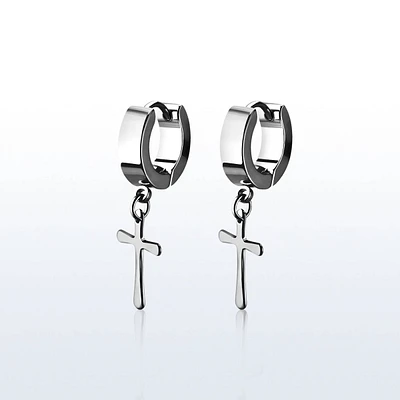 Pair of 316L Surgical Steel Dangling Cross Hoop Earrings