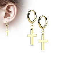 Pair Of 316L Surgical Steel Gold PVD Thin Hoop Earrings With Dangling Cross