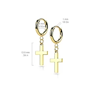 Pair Of 316L Surgical Steel Gold PVD Thin Hoop Earrings With Dangling Cross