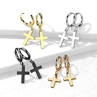 Pair Of 316L Surgical Steel Gold PVD Thin Hoop Earrings With Dangling Cross