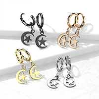 Pair Of 316L Surgical Steel Gold PVD Thin Hoop Earrings With Dangling Moon & Star