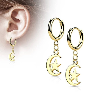 Pair Of 316L Surgical Steel Gold PVD Thin Hoop Earrings With Dangling Moon & Star