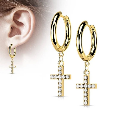 Pair Of 316L Surgical Steel Gold PVD White CZ Cross Dangle Hoop Earrings