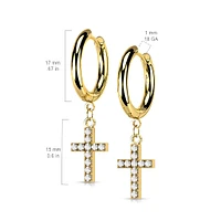 Pair Of 316L Surgical Steel Gold PVD White CZ Cross Dangle Hoop Earrings