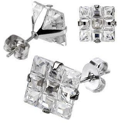 Pair of 316L Surgical Steel Multi Cut Square Grid CZ Stud Earrings