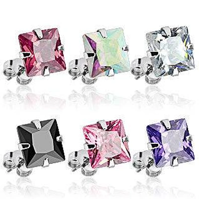 Pair of 316L Surgical Steel Prong Set CZ Crystal Square Stud Earrings