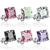 Pair of 316L Surgical Steel Prong Set CZ Crystal Square Stud Earrings