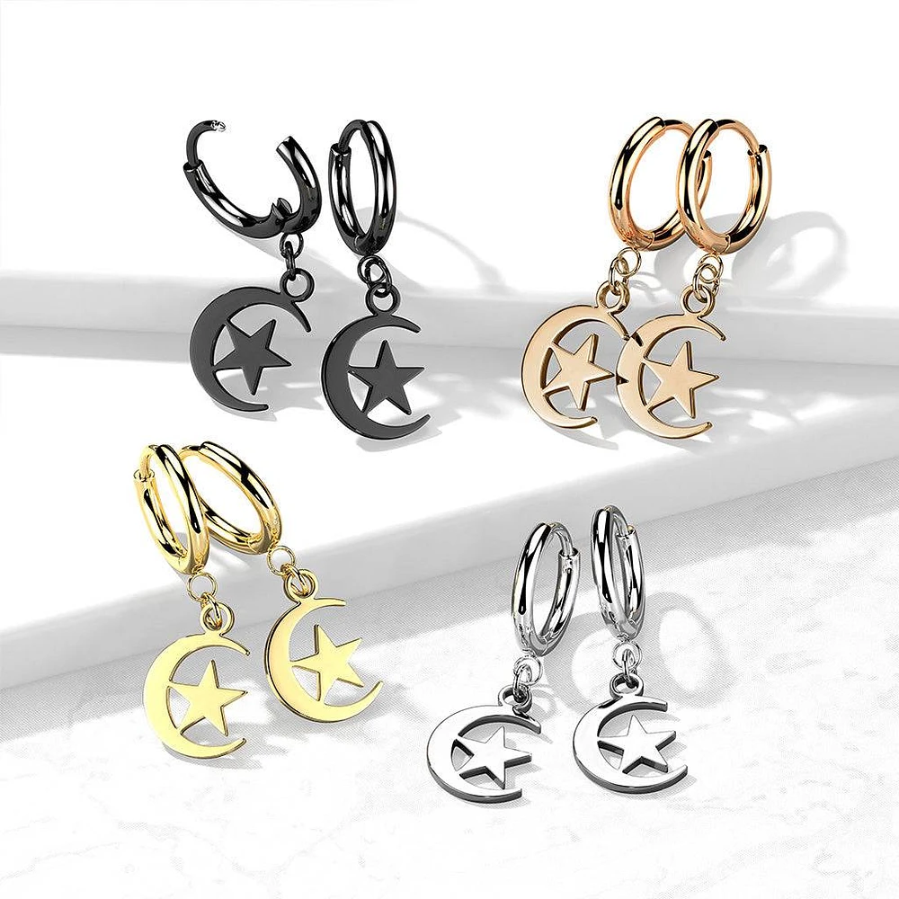 Pair Of 316L Surgical Steel Rose Gold PVD Thin Hoop Earrings With Dangling Moon & Star