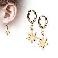 Pair Of 316L Surgical Steel Rose Gold PVD Thin Hoop Earrings With Dangling Weed Leaf