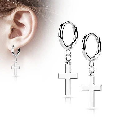 Pair Of 316L Surgical Steel Thin Hoop Earrings With Dangling Cross