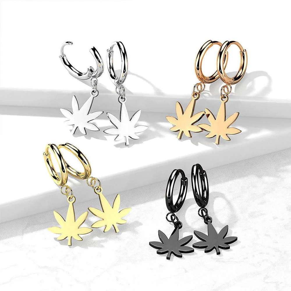 Pair Of 316L Surgical Steel Thin Hoop Earrings With Dangling Weed Leaf