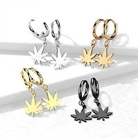 Pair Of 316L Surgical Steel Thin Hoop Earrings With Dangling Weed Leaf