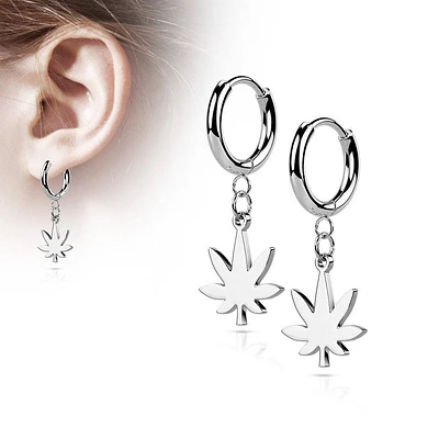 Pair Of 316L Surgical Steel Thin Hoop Earrings With Dangling Weed Leaf