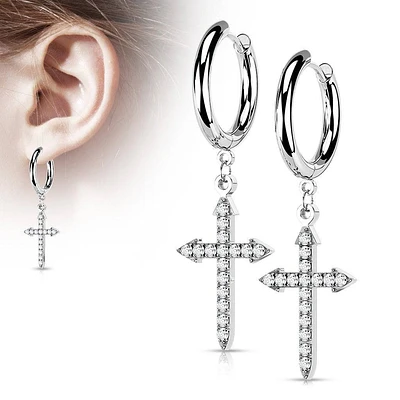 Pair Of 316L Surgical Steel White CZ Celtic Cross Dangle Hoop Earrings