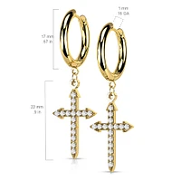 Pair Of 316L Surgical Steel White CZ Celtic Cross Dangle Hoop Earrings