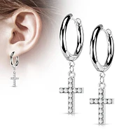 Pair Of 316L Surgical Steel White CZ Cross Dangle Hoop Earrings