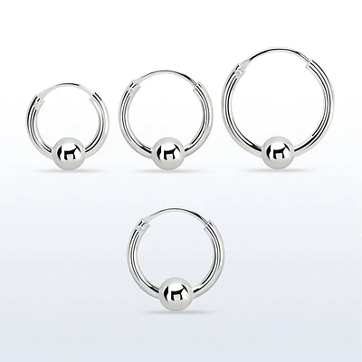 Pair of 925 Sterling Silver Ball Sleeper Hinged Hoop Earrings