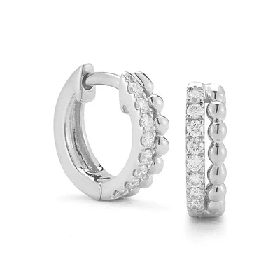 Pair of 925 Sterling Silver Dainty Minimal Women's Bead and White CZ Hinged Clicker Hoop Earring