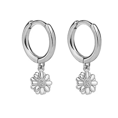 Pair of 925 Sterling Silver Daisy Flower Dangle Minimal Hoop Earrings