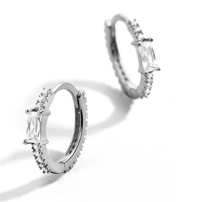 Pair of 925 Sterling Silver Diamond Baguette CZ Minimal Hoop Earrings