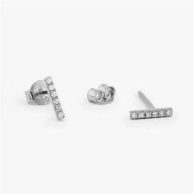 Pair of 925 Sterling Silver Diamond Bar Dainty Minimal Stud Earrings