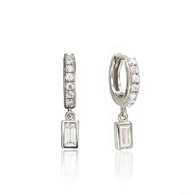 Pair of 925 Sterling Silver Diamond CZ Baguette Dangle Minimal Hoop Earrings