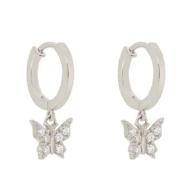 Pair of 925 Sterling Silver Diamond CZ Butterfly Dangle Minimal Hoop Earrings