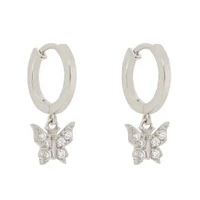 Pair of 925 Sterling Silver Diamond CZ Butterfly Dangle Minimal Hoop Earrings