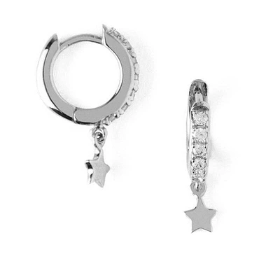 Pair of 925 Sterling Silver Diamond CZ Dangling Star Minimal Hoop Earrings