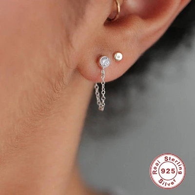 Pair of 925 Sterling Silver Double Lobe Bezel CZ with Chain Minimal Stud Earrings