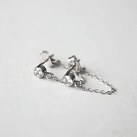 Pair of 925 Sterling Silver Double Lobe Bezel CZ with Chain Minimal Stud Earrings