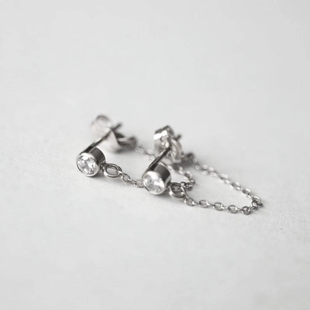 Pair of 925 Sterling Silver Double Lobe Bezel CZ with Chain Minimal Stud Earrings