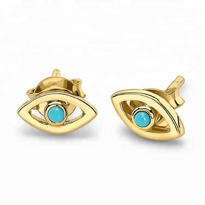 Pair of 925 Sterling Silver Gold PVD Blue Turquoise Evil Eye Minimal Earring Studs