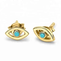 Pair of 925 Sterling Silver Gold PVD Blue Turquoise Evil Eye Minimal Earring Studs