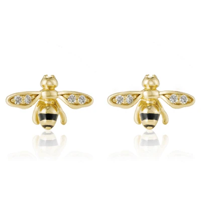 Pair of 925 Sterling Silver Gold PVD Bumble Bee Minimal Stud Earrings With White CZ Wings