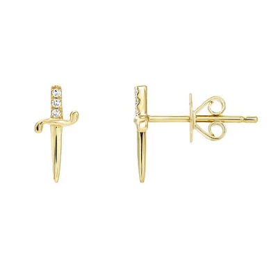 Pair of 925 Sterling Silver Gold PVD CZ Dagger Sword Minimal Earrings